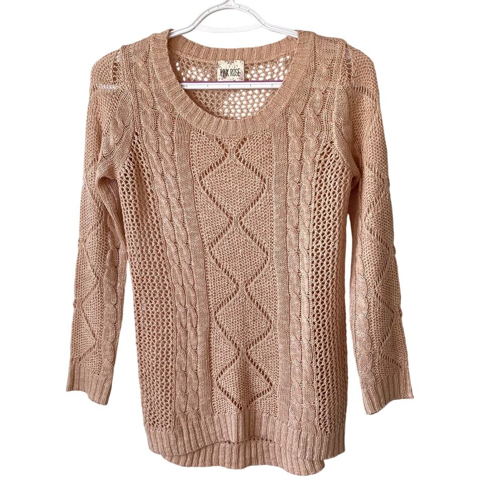 Crochet Cable Sweater Knit Long Sleeve Top by Pink Rose in Light Peach Size M